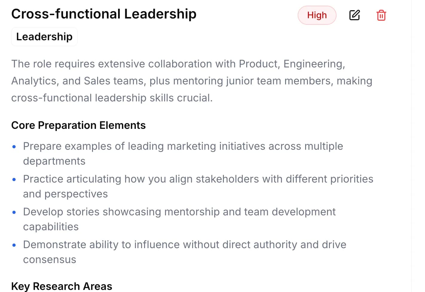 Personalized game plan showing preparation strategy for each focus area
