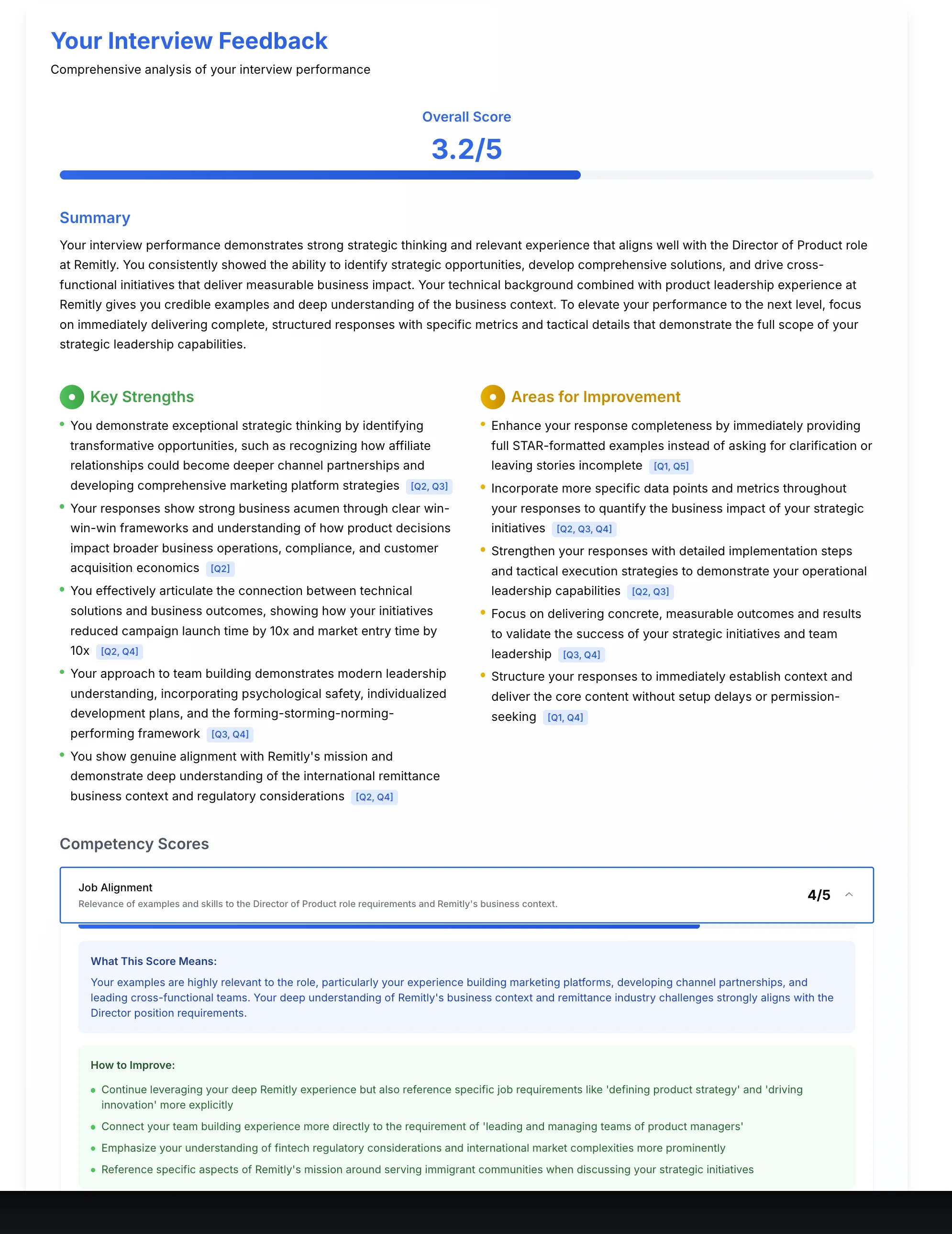 Comprehensive interview summary with overall score and competency analysis